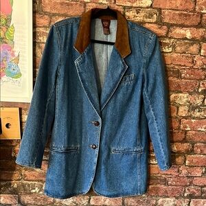 Vintage Denim Blazer with Leather Collar